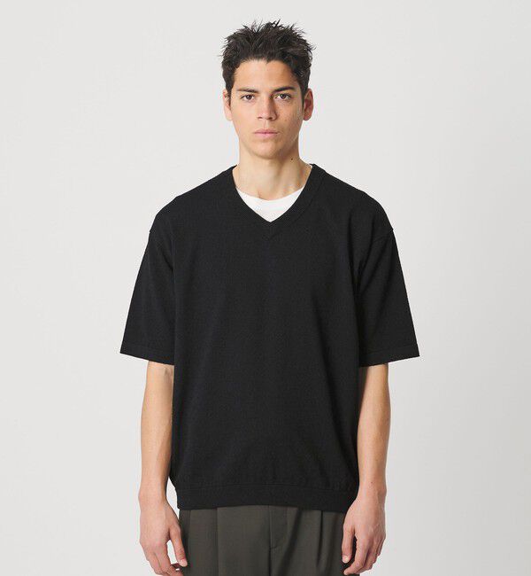 BEAUTY&YOUTH UNITED ARROWS「KNITEE クリンプコットン Vネック ニット Tシャツ ウォッシャブル」|ニット・セーター|