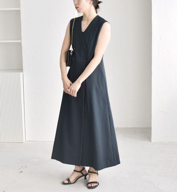 quaranciel「quaranciel: Vカラー ロング ジレ ワンピース」|ワンピース|ネイビー