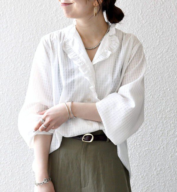 SHIPS any「《一部追加予約》SHIPS any:〈洗濯機可能〉フリルカラー スタンド & オープン シャツ ブラウス」|シャツ・ブラウス|ホワイト