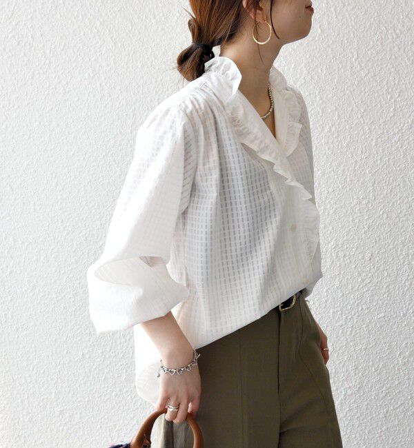 SHIPS any「《一部追加予約》SHIPS any:〈洗濯機可能〉フリルカラー スタンド & オープン シャツ ブラウス」|シャツ・ブラウス|