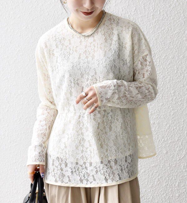 SHIPS any「SHIPS any:〈手洗い可能〉フラワー レース クルーネック ペプラム ブラウス」|シャツ・ブラウス|オフホワイト