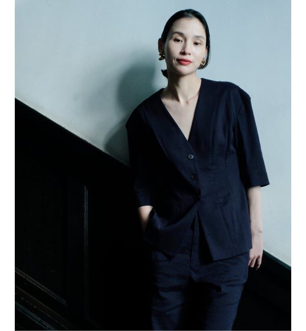 NOBLE「ELENI/エルニ ラスターストレッチジャケット」|ノーカラージャケット|ネイビー