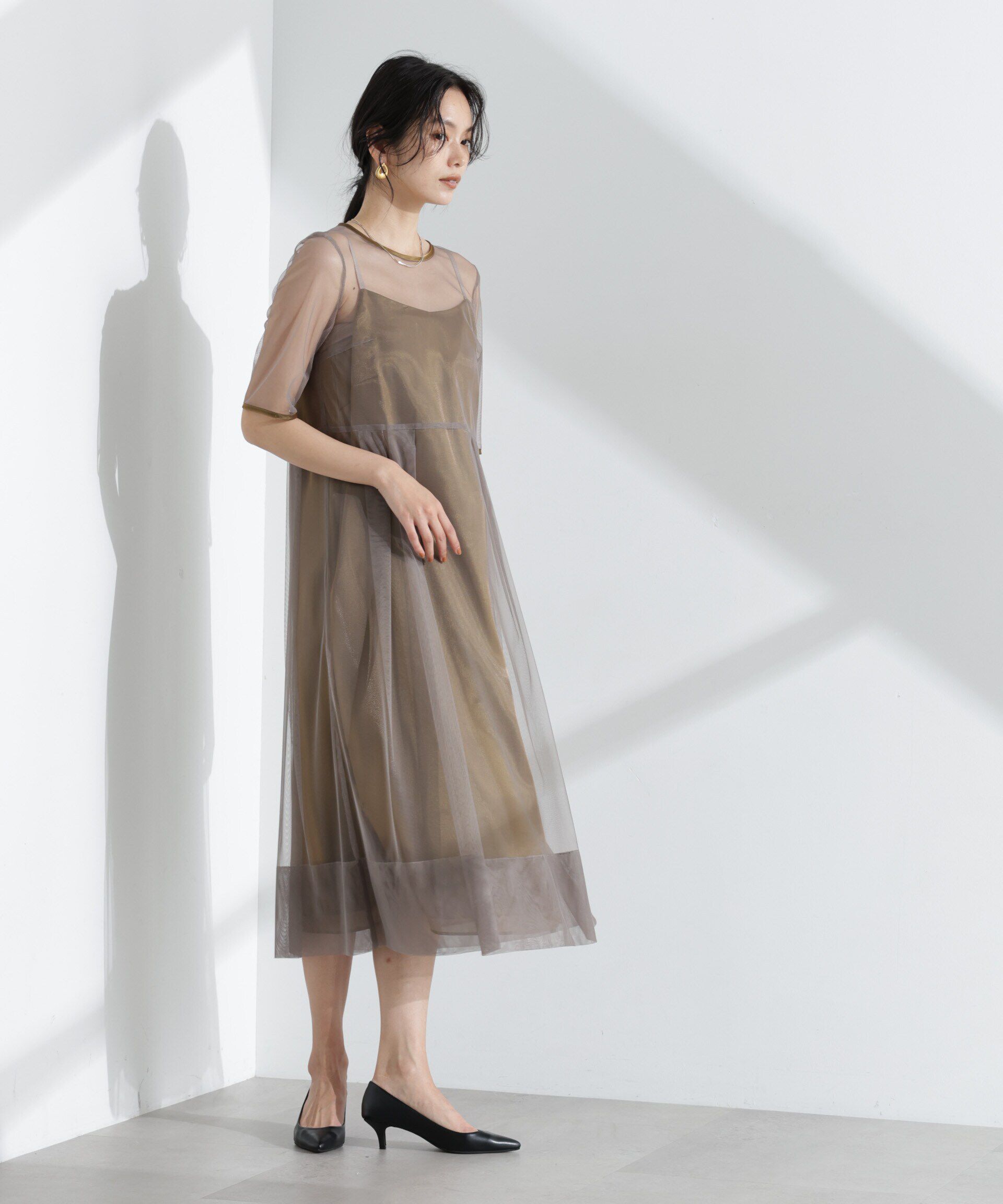 nano･universe「kaene/シャンブレーキャミドッキングドレス」|ワンピース|ブラウン