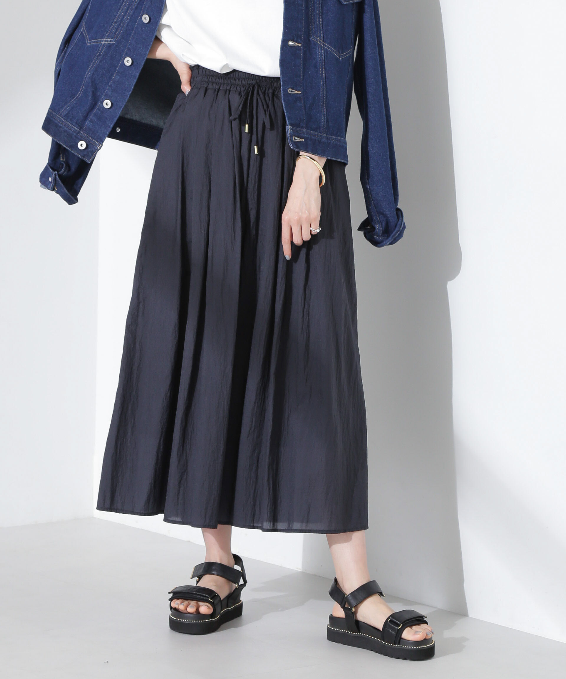 nano･universe「ナイロンタッサーギャザースカーチョ（セットアップ可）」|チノ|D.ネイビー1