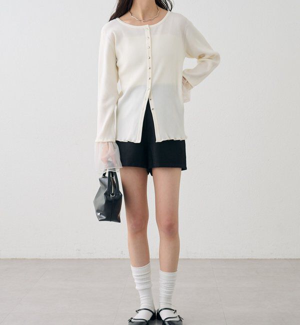 「袖チュール付きリブカーディガン」|カーディガン|