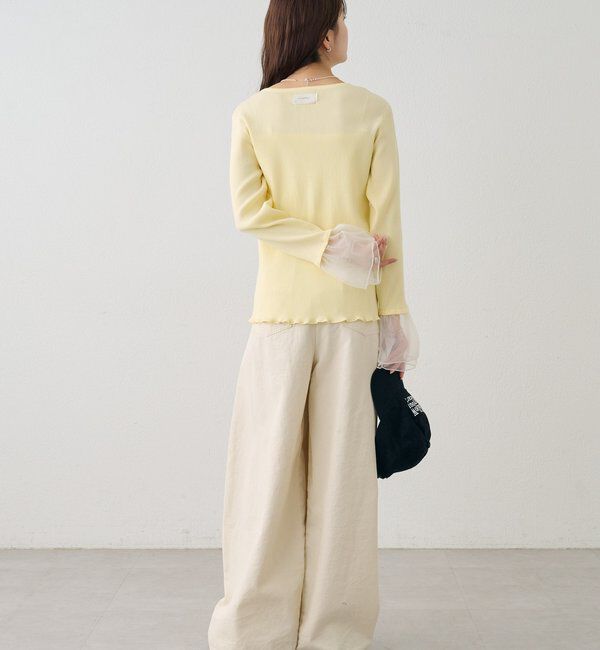  「袖チュール付きリブカーディガン」|カーディガン|