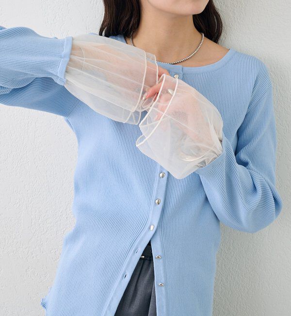  「袖チュール付きリブカーディガン」|カーディガン|ブルー