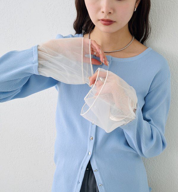  「袖チュール付きリブカーディガン」|カーディガン|