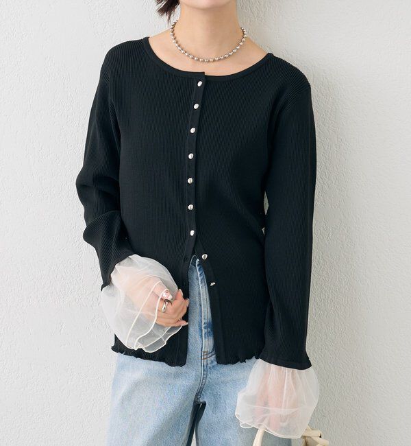  「袖チュール付きリブカーディガン」|カーディガン|