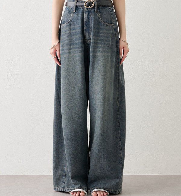  「ベルト付きカーブワイドデニム」|デニム|