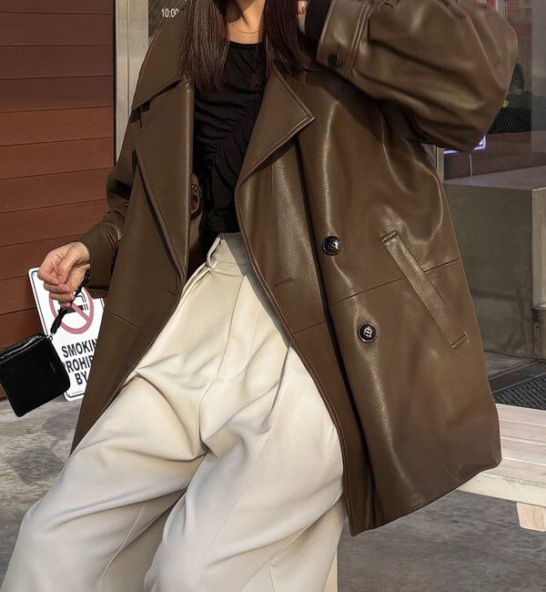  「【サイズ展開あり】レザーミドルコート」|その他|ブラウン