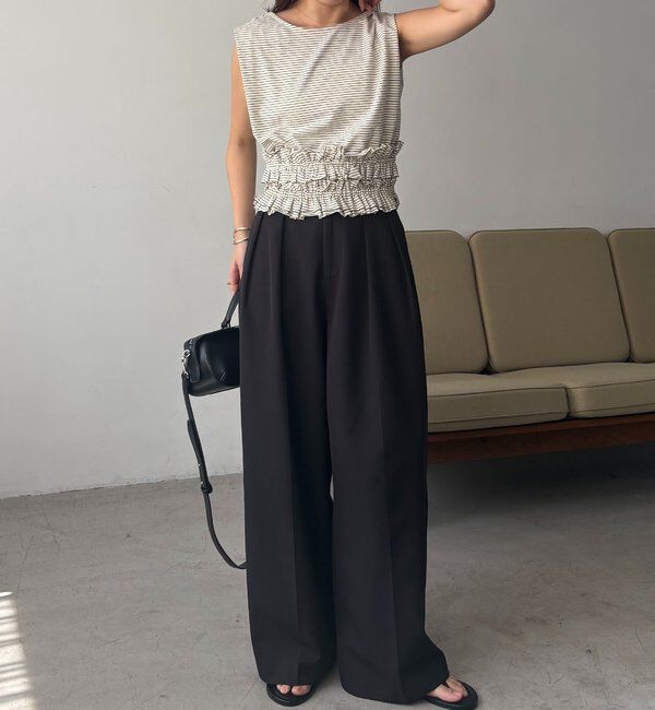  「【肩回りカバー/前後2WAY】ボーダー裾ギャザーT」|Tシャツ・カットソー|