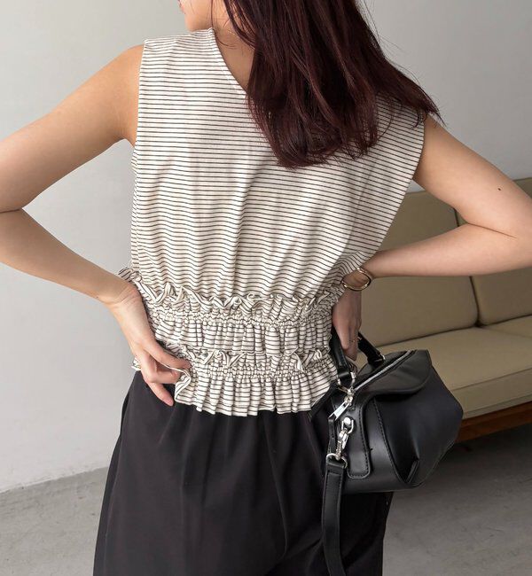  「【肩回りカバー/前後2WAY】ボーダー裾ギャザーT」|Tシャツ・カットソー|