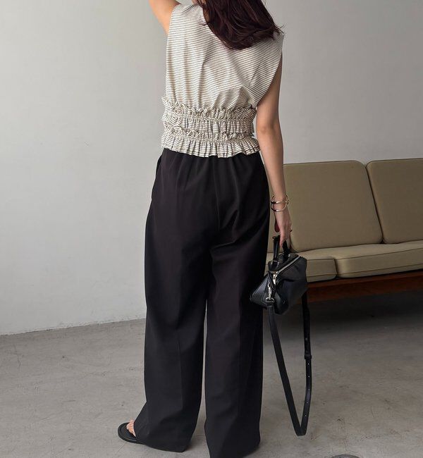  「【肩回りカバー/前後2WAY】ボーダー裾ギャザーT」|Tシャツ・カットソー|