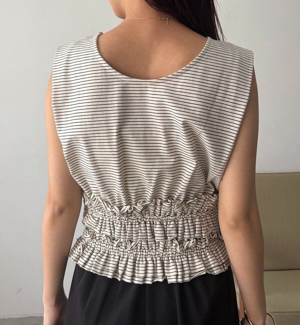  「【肩回りカバー/前後2WAY】ボーダー裾ギャザーT」|Tシャツ・カットソー|