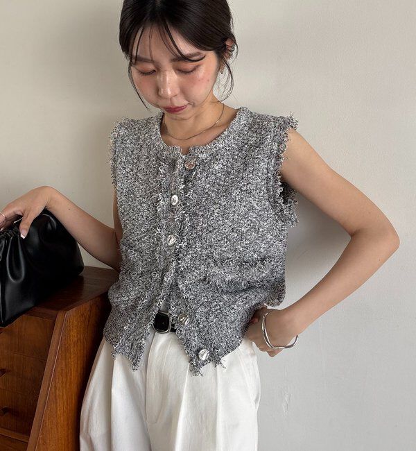  「ツイードライクフリンジベスト」|ニット・セーター|グレー