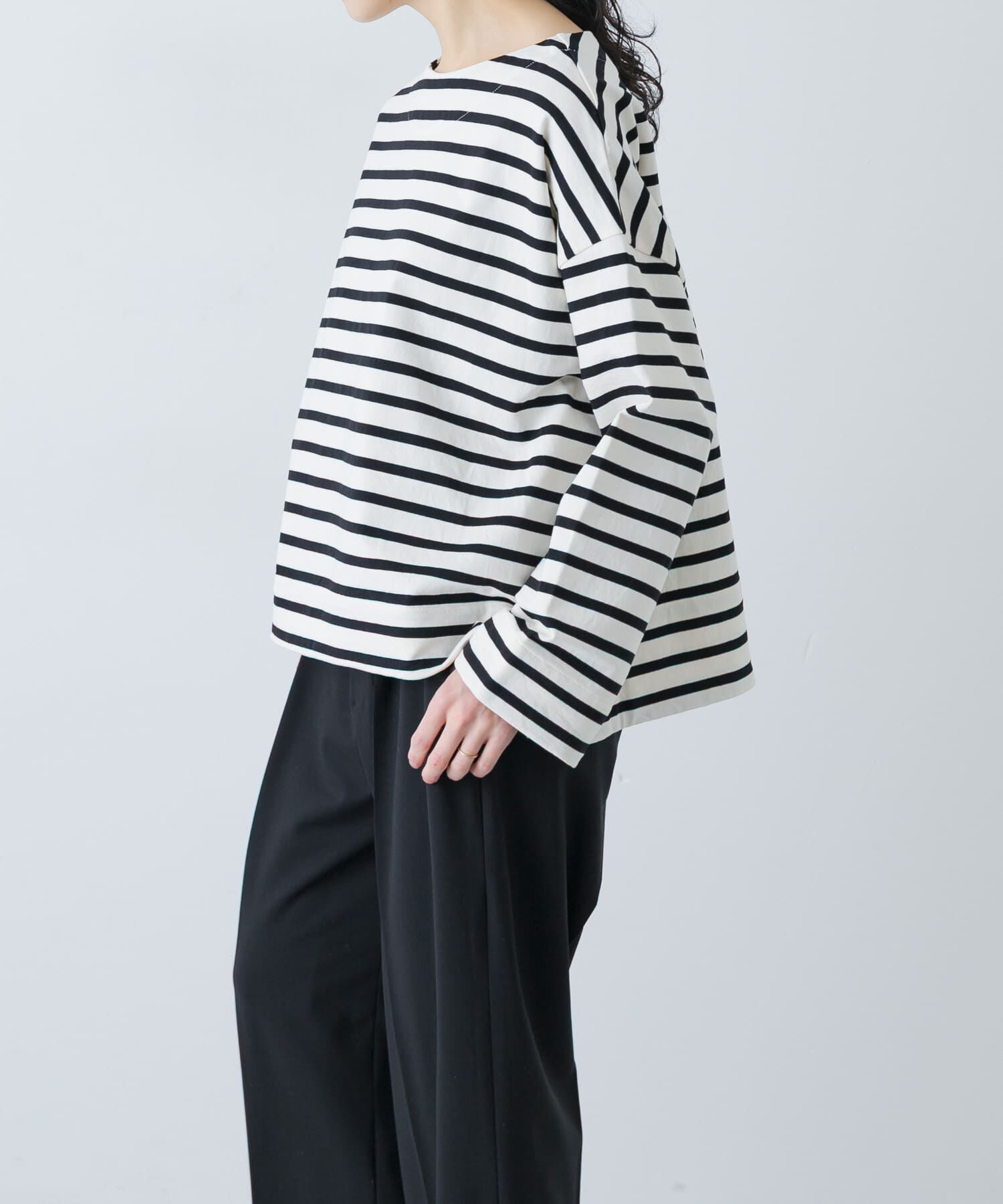 かぐれ「コットンボートネックボーダーカットソー」|Tシャツ・カットソー|ブラック系その他