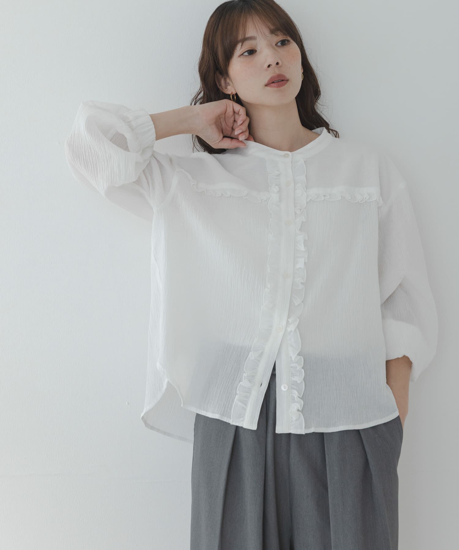 Sonny Label 「バンドカラーフリルコットンシャツブラウス」|シャツ・ブラウス|オフホワイト