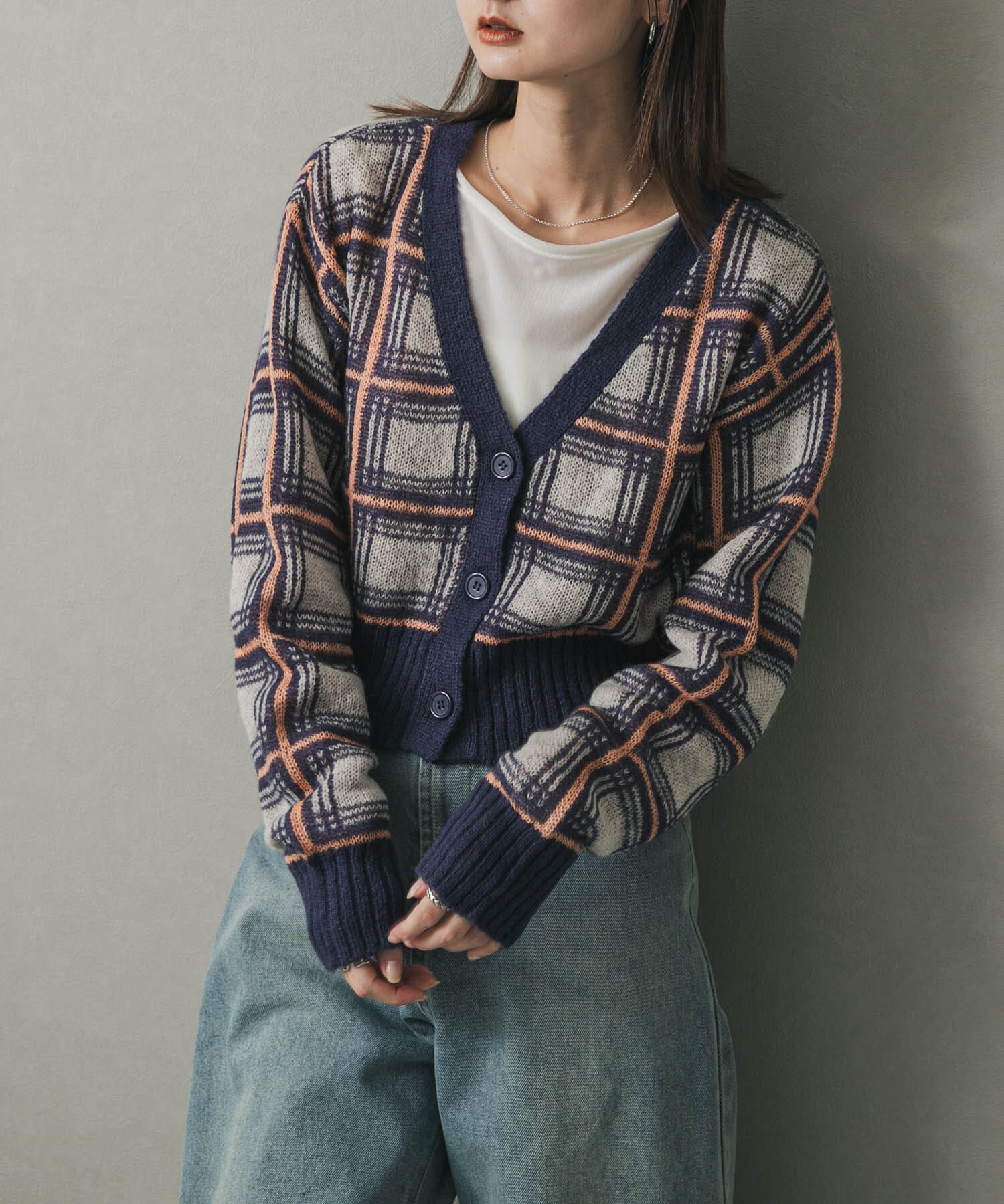 SENSE OF PLACE by URBAN RESEARCH「モヘアチェッククロップドカーディガン」|カーディガン|ネイビー