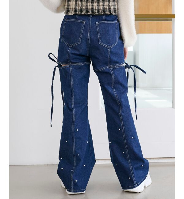  「スリットビジューフレアデニムパンツ」|デニム|