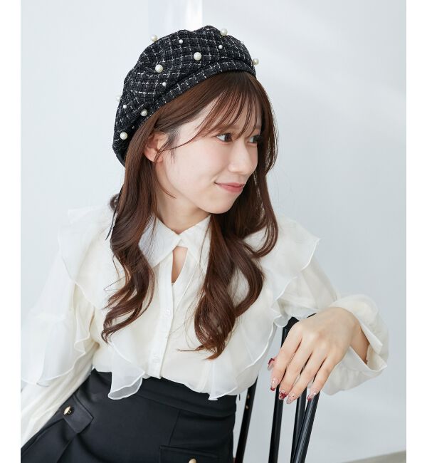  「パール&times;リボンツイードベレー帽」|ハンチング・ベレー帽|ブラック