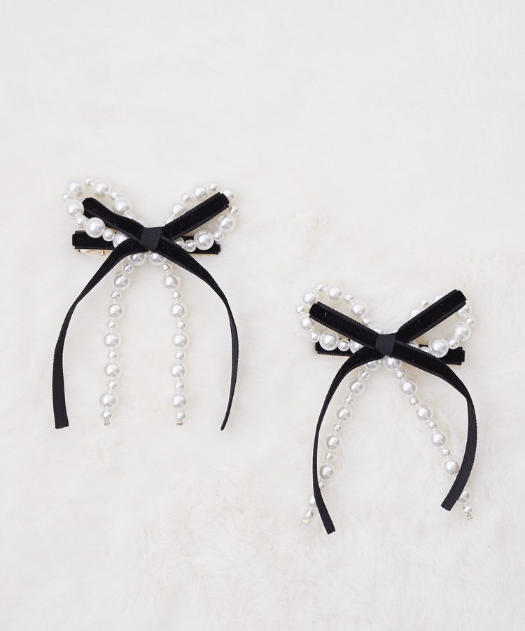 Maison de FLEUR「パールベロアリボン2セットクリップ」|その他|ブラック