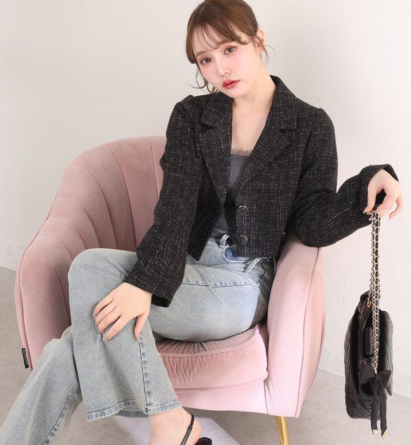  「サイドベルトツイードショートジャケット」|ダウンベスト・ベスト|