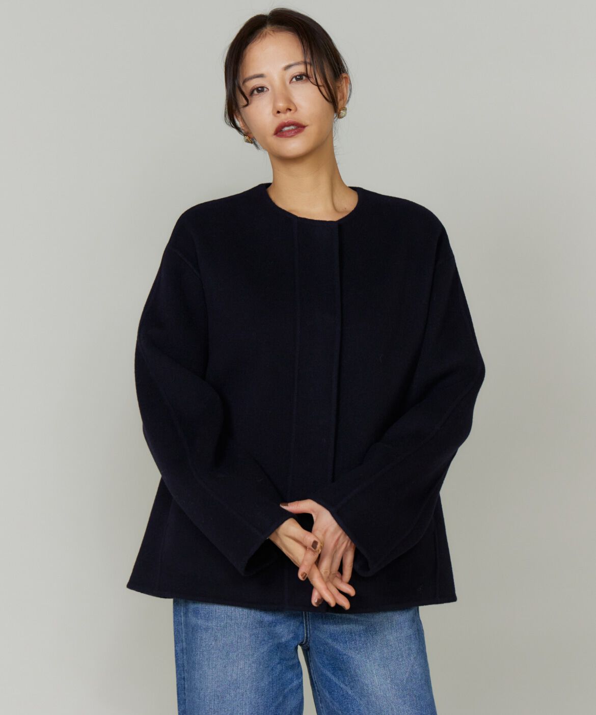 Le Souk「クルーネックリバーコート」|ピーコート|ネイビー