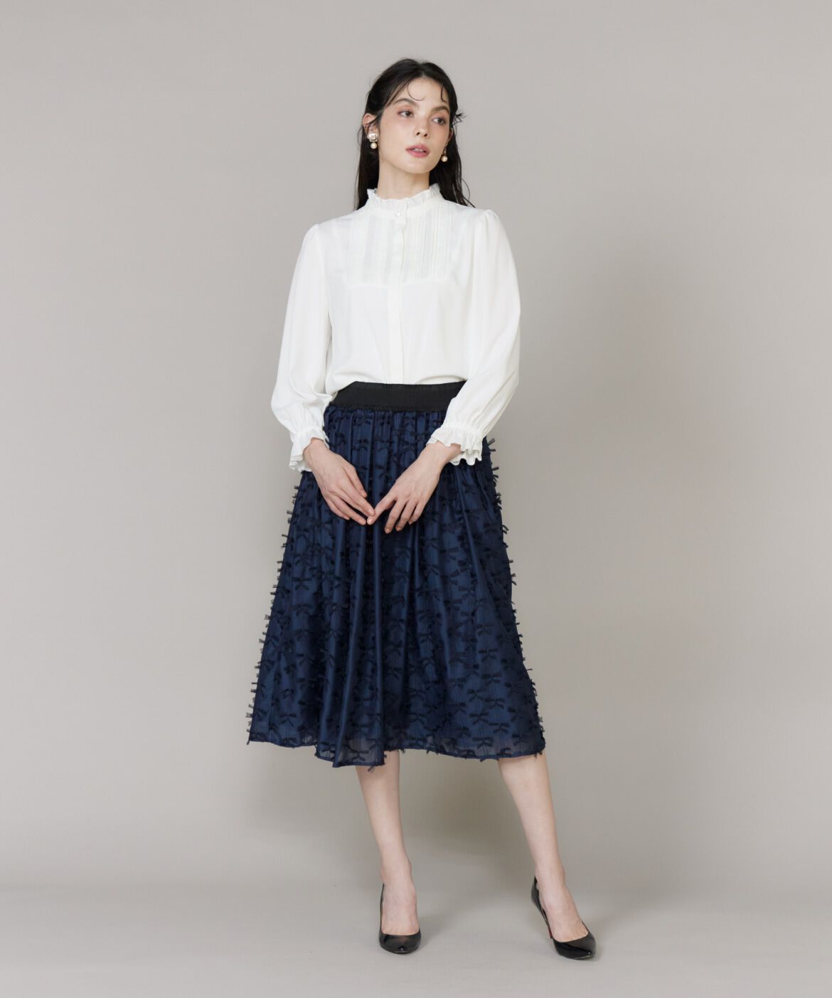 Maglie le cassetto「《大きいサイズ》チュールリボン刺繍スカート」|フレア|