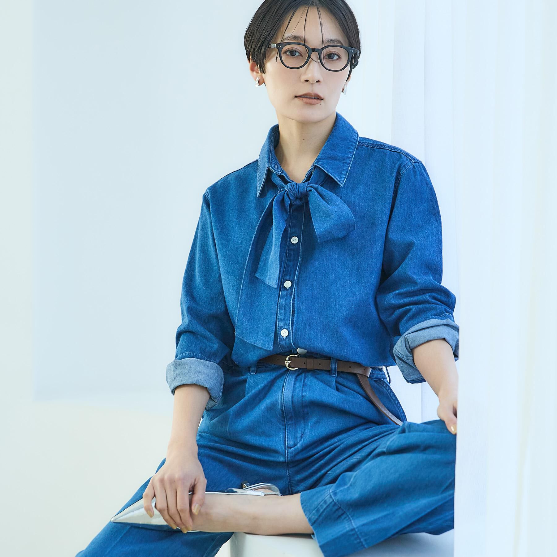 UNTITLED「【セットアップ可/ボウタイ】ライトウェイトデニムブラウス」|シャツ・ブラウス|ブルー(092)