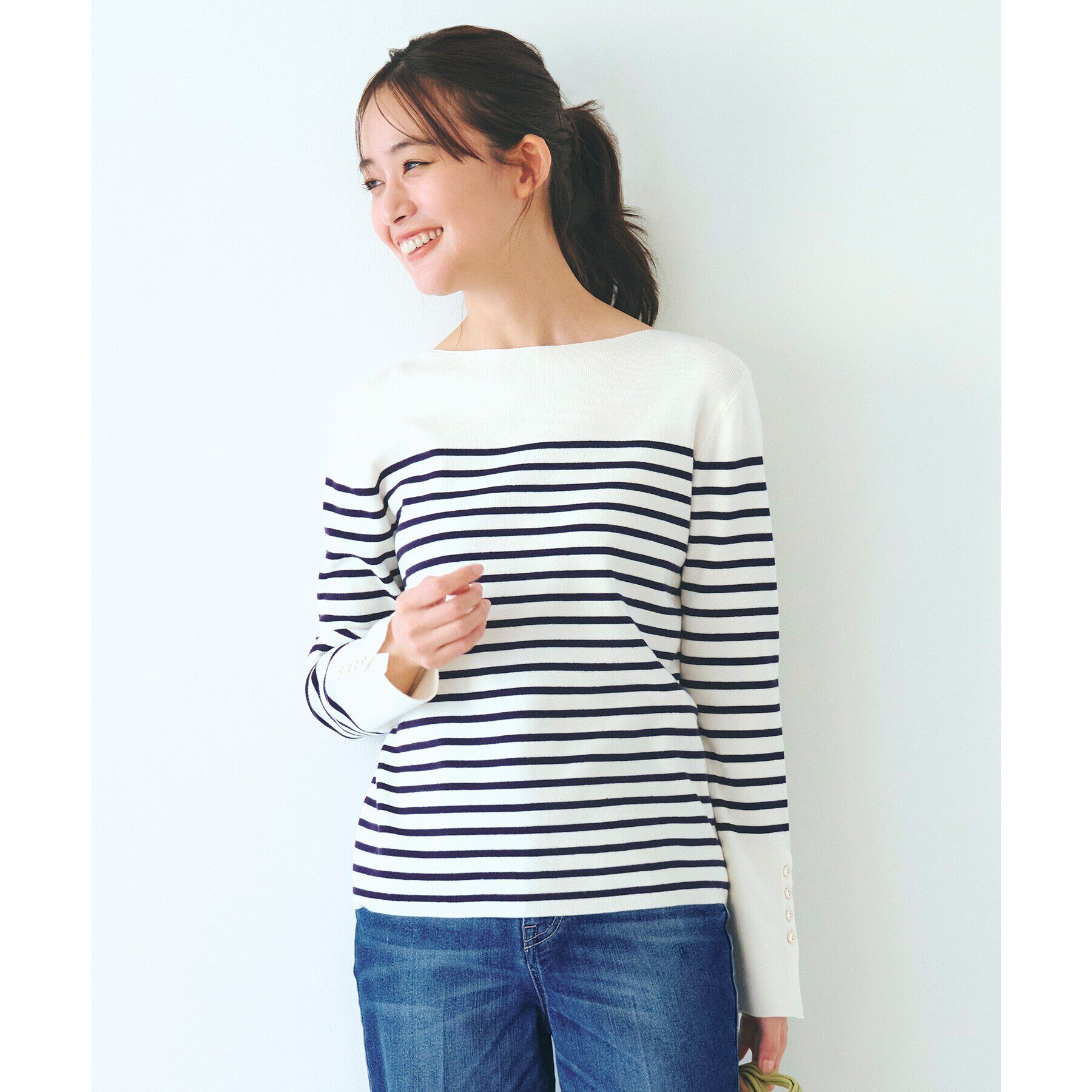 grove「総針袖口金ボタンニットロンT」|ニット・セーター|オフ&times;ネイビー(30