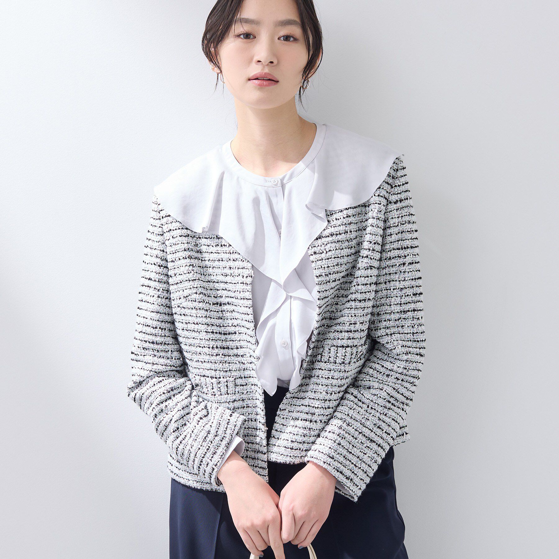 INDIVI「【セレモニー／洗える】ミックスツイードライトジャケット」|ノーカラージャケット|