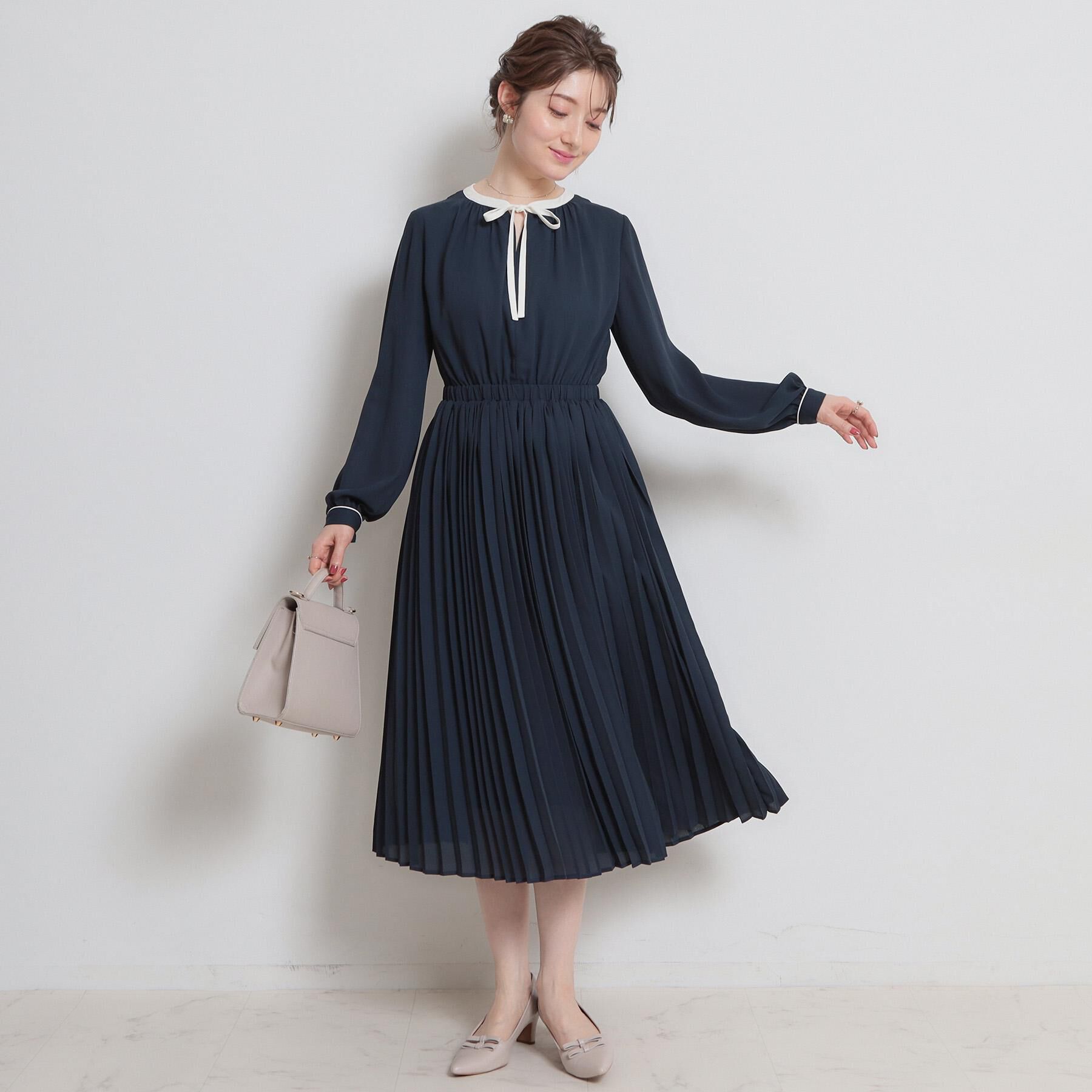 Couture broach「【ハレの日・通勤】配色シフォンプリーツ ワンピース」|ワンピース|