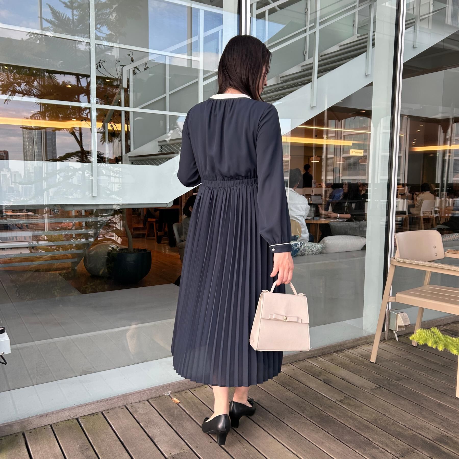 Couture broach「【ハレの日・通勤】配色シフォンプリーツ ワンピース」|ワンピース|