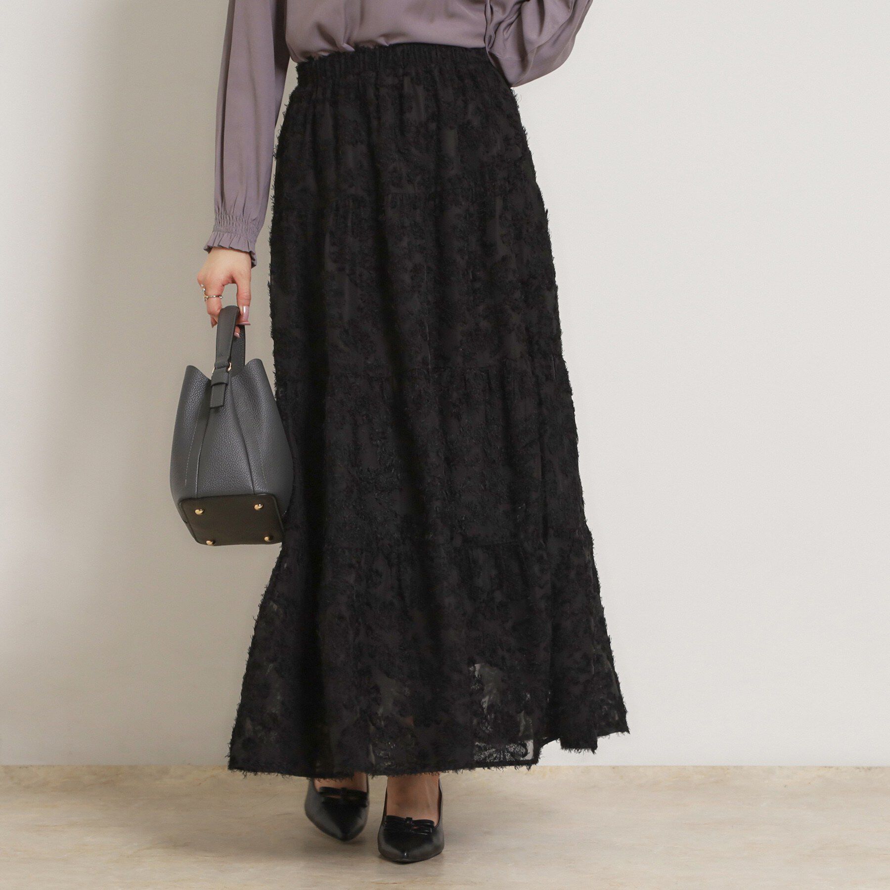 Couture broach「ティアードフラワーモチーフロングスカート」|スカート|ブラック(019)
