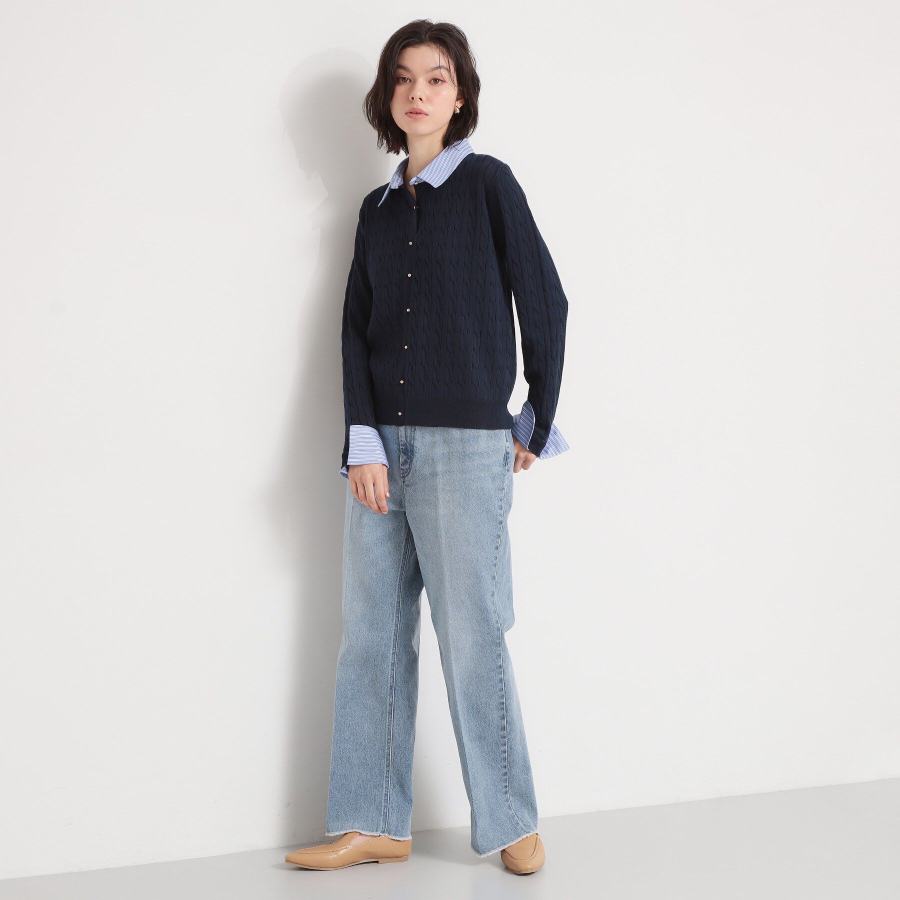 THE SHOP TK「【1枚でスタイル決まる】シャツレイヤード風 襟付ケーブルニット」|ニット・セーター|