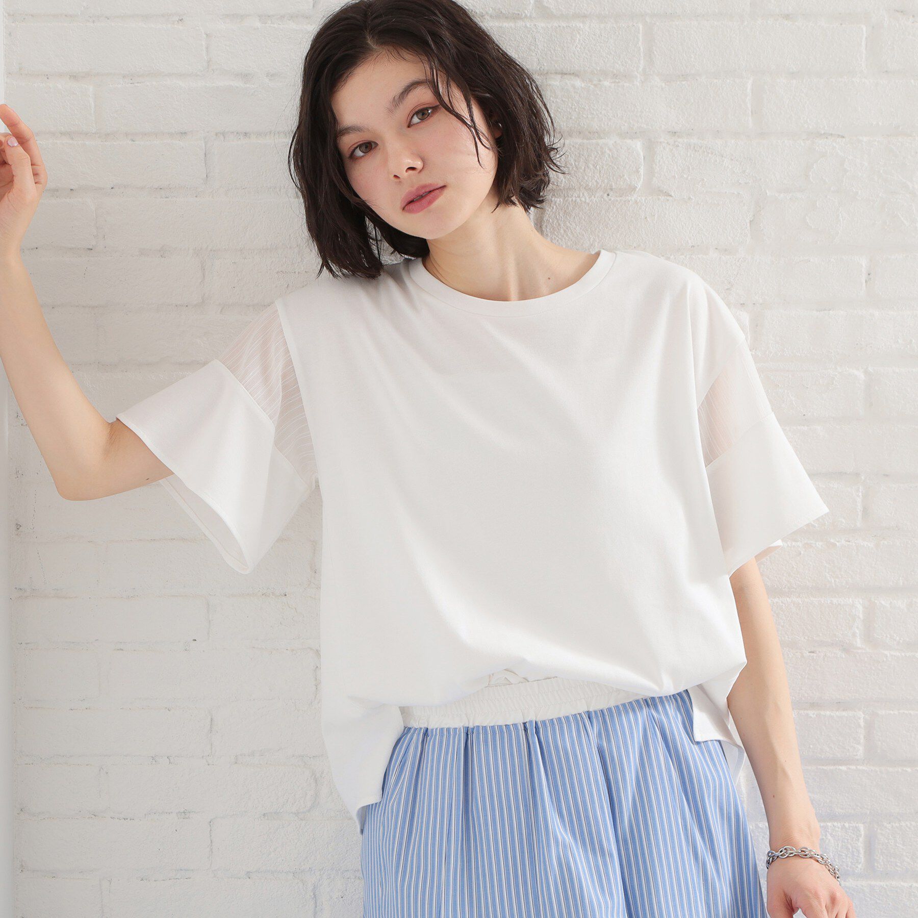 THE SHOP TK「【ひんやり／吸水速乾／UV】軽やかに揺れる シアーフレアスリーブTシャツ」|Tシャツ・カットソー|