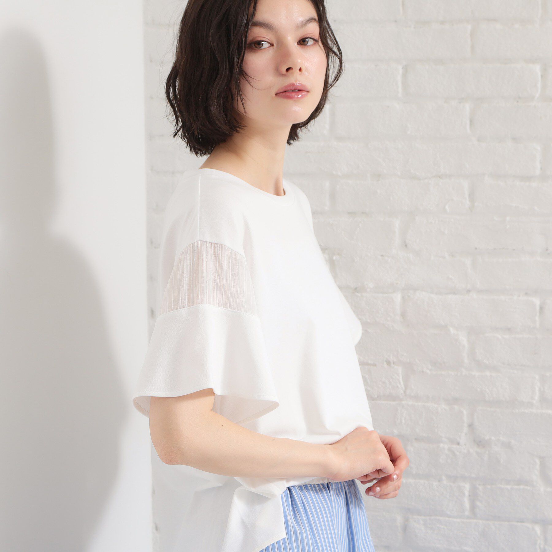 THE SHOP TK「【ひんやり／吸水速乾／UV】軽やかに揺れる シアーフレアスリーブTシャツ」|Tシャツ・カットソー|