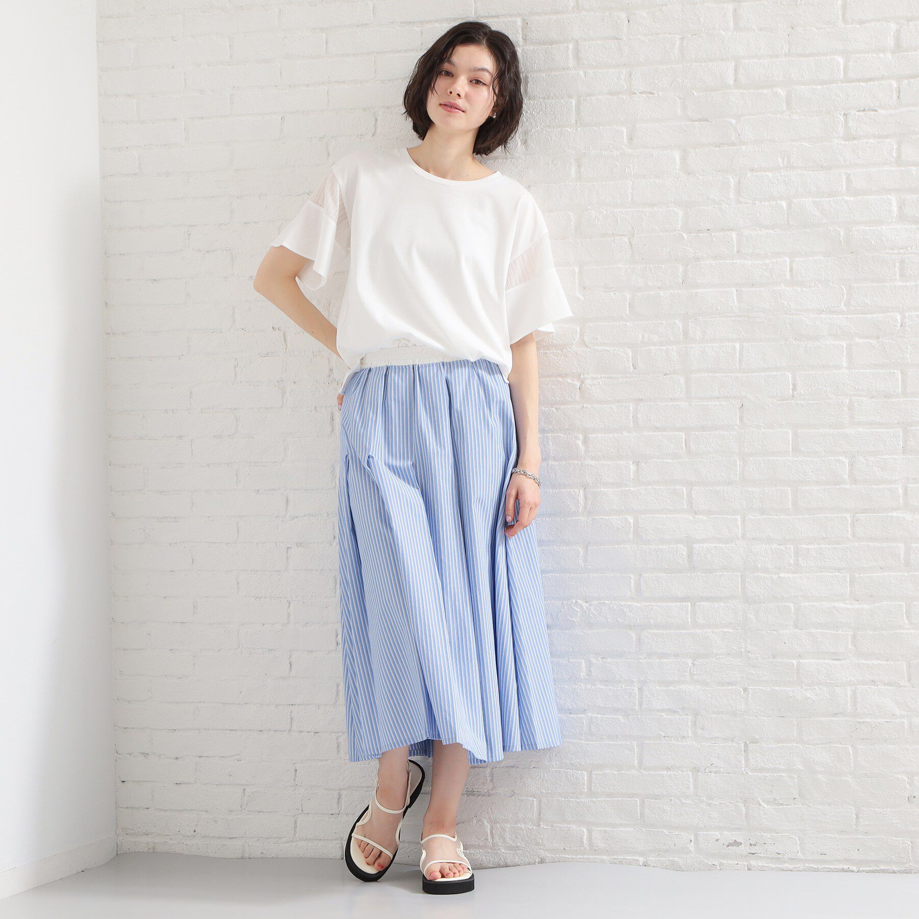 THE SHOP TK「【ひんやり／吸水速乾／UV】軽やかに揺れる シアーフレアスリーブTシャツ」|Tシャツ・カットソー|