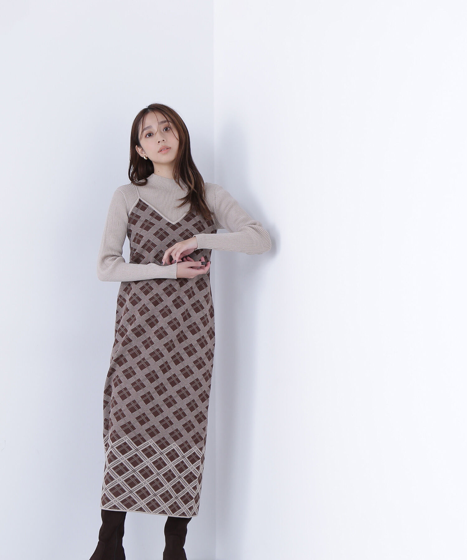  「チェックニットキャミワンピースセット」|ワンピース|