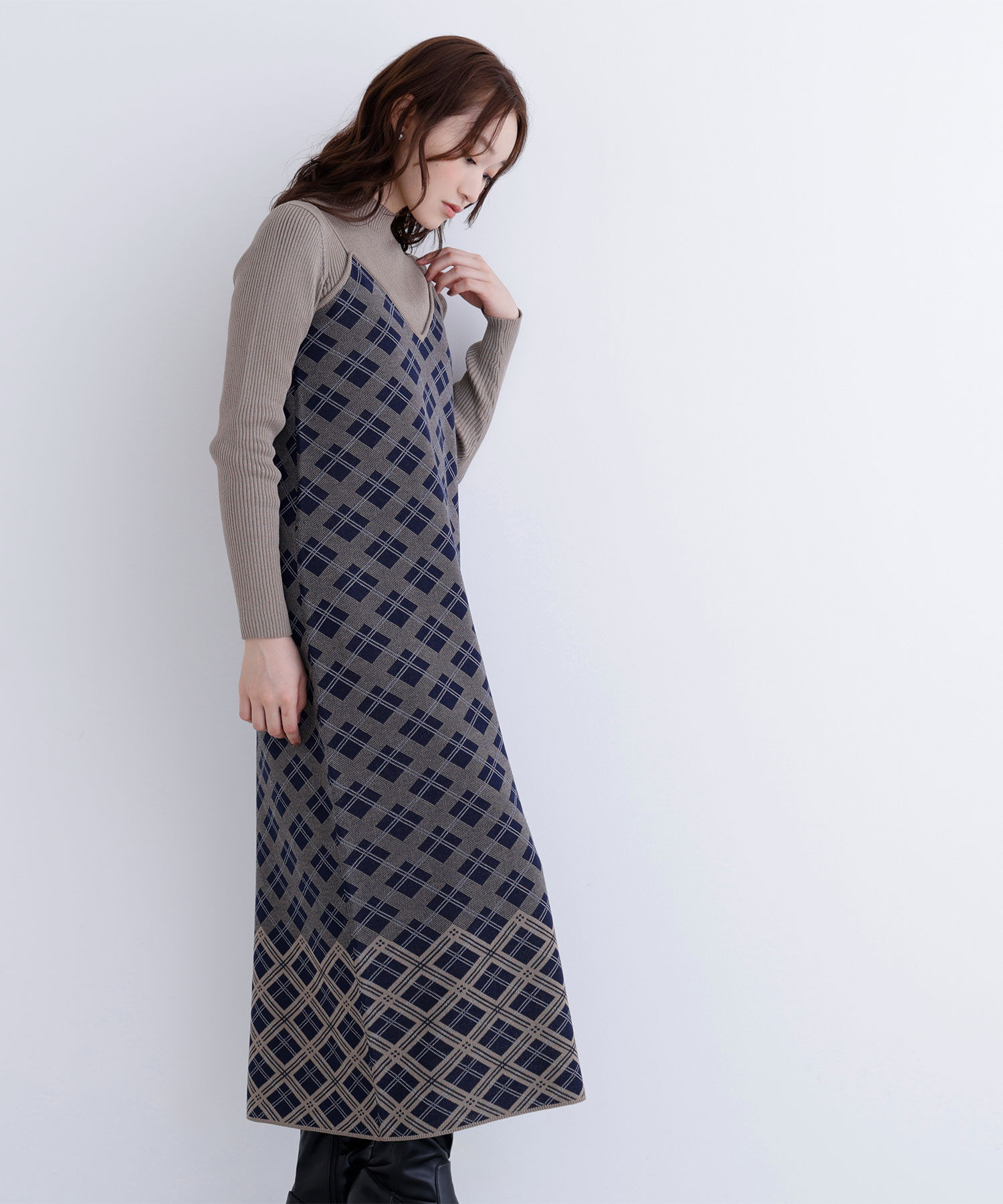  「チェックニットキャミワンピースセット」|ワンピース|