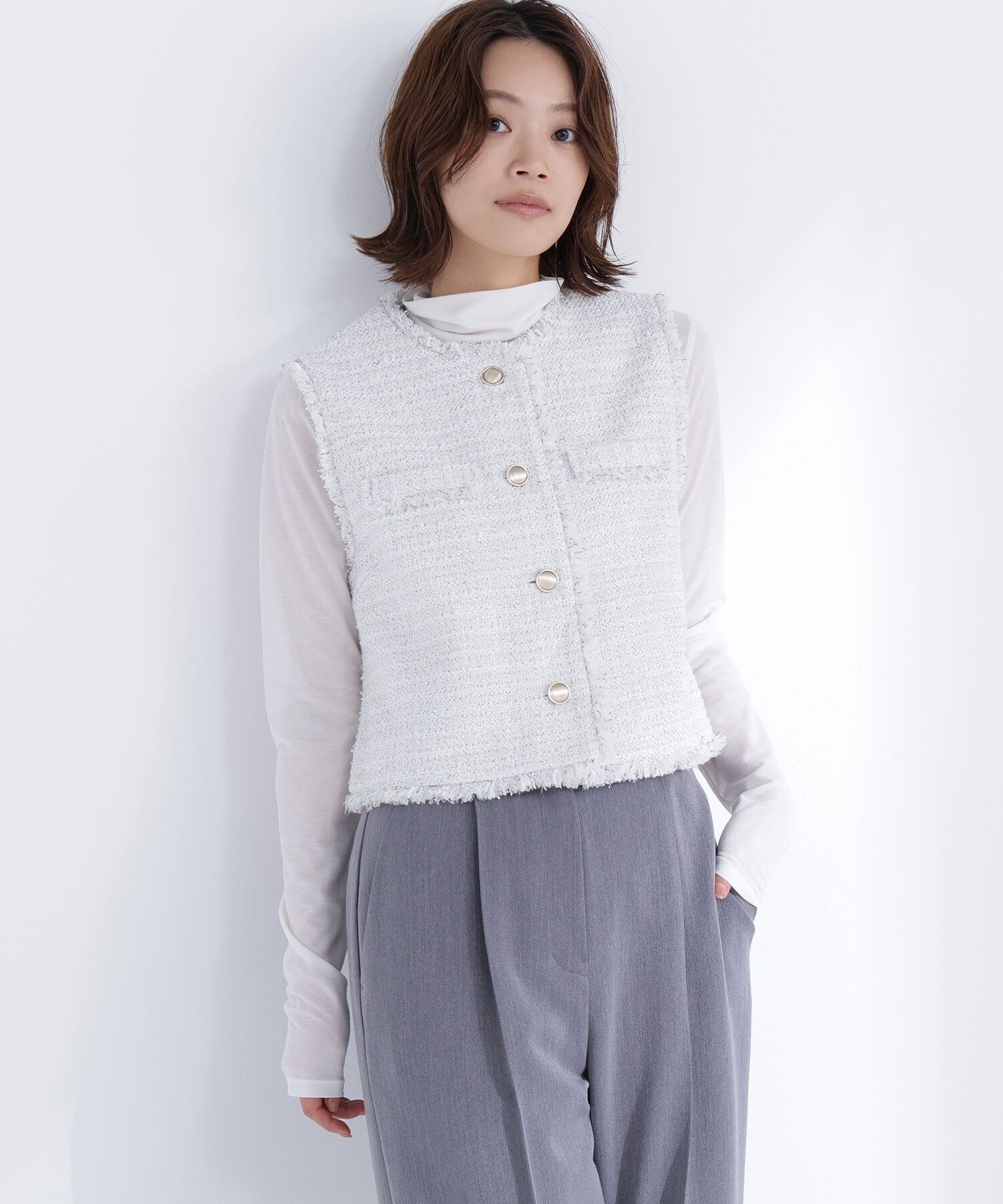  「ツイードシリーズ コンパクトジレ」|ブルゾン・スタジャン|