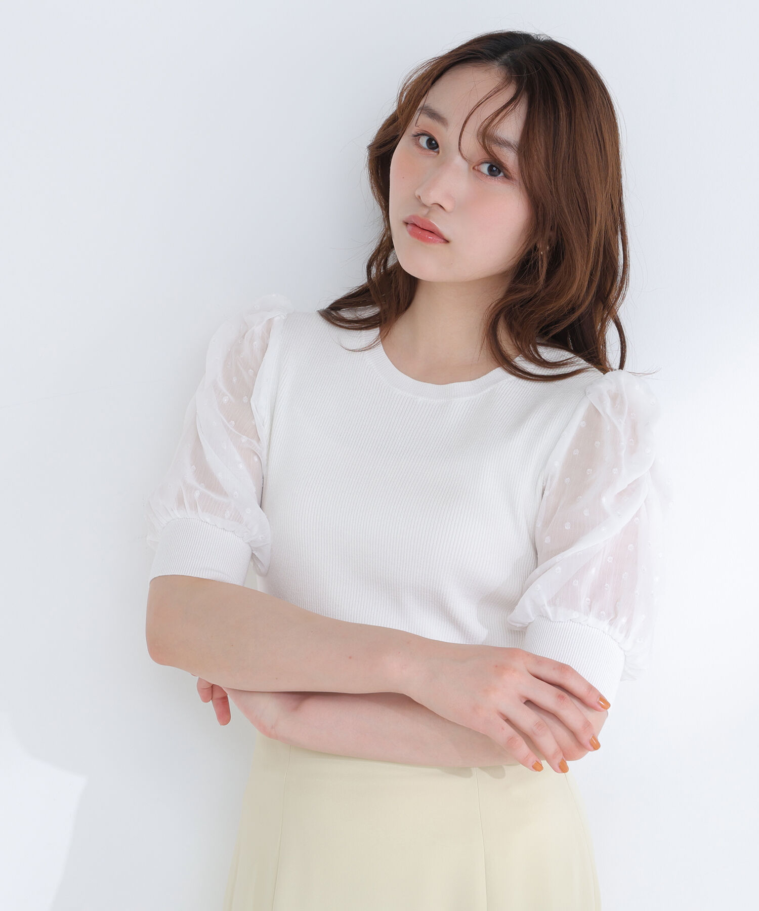  「ドットシアースリーブドッキングニット」|ニット・セーター|オフホワイト1