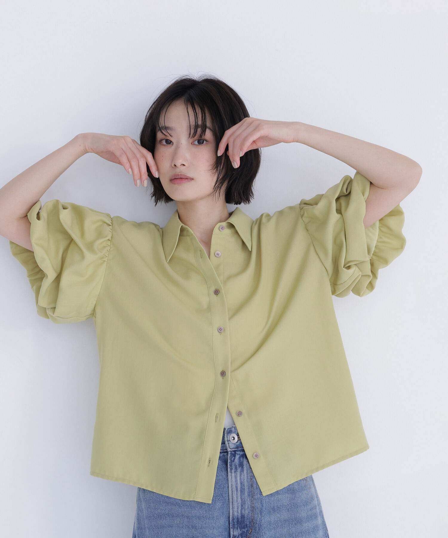  「ギャザーバルーンスリーブシャツ」|シャツ・ブラウス|ライトグリー