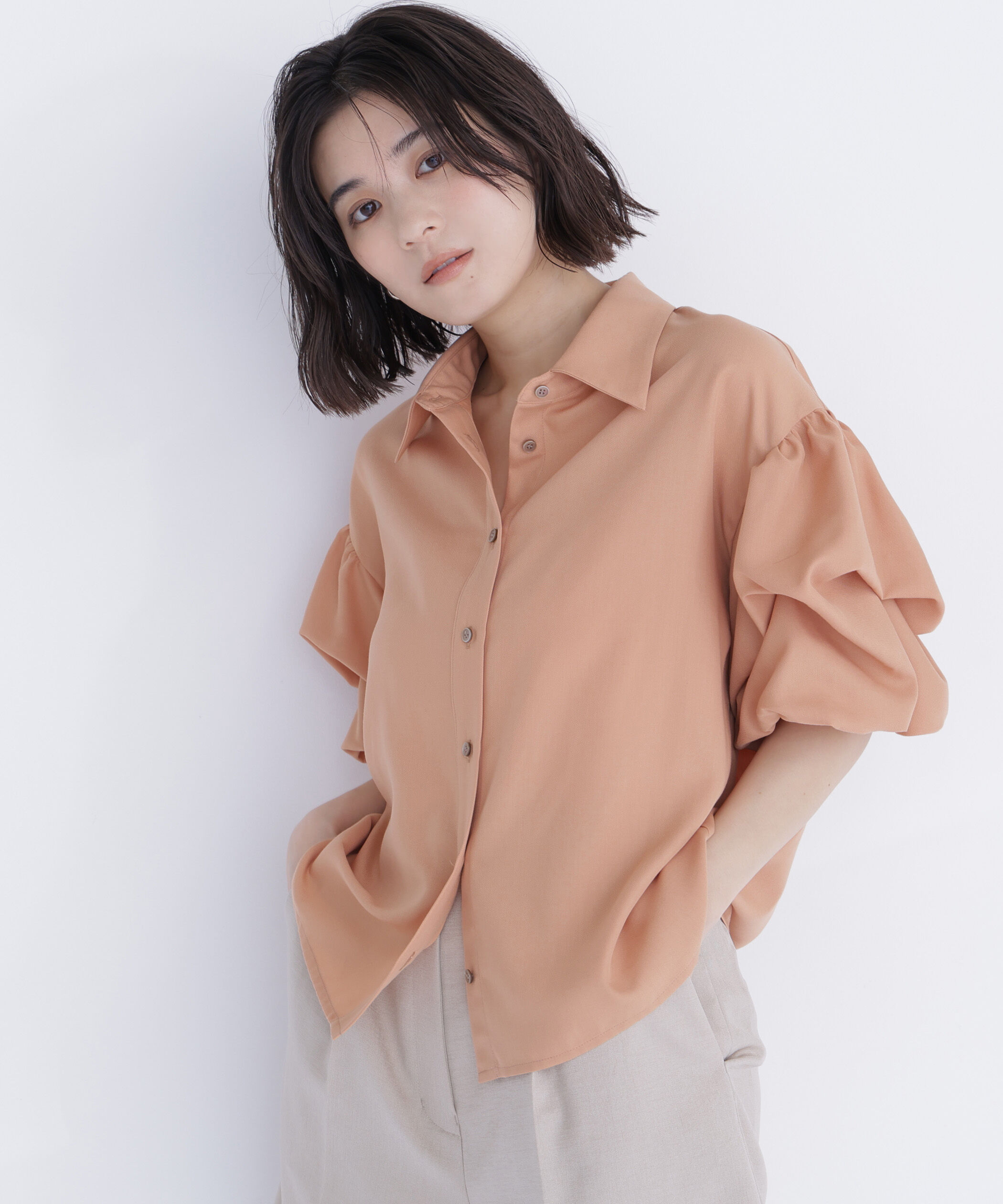  「ギャザーバルーンスリーブシャツ」|シャツ・ブラウス|オレンジ