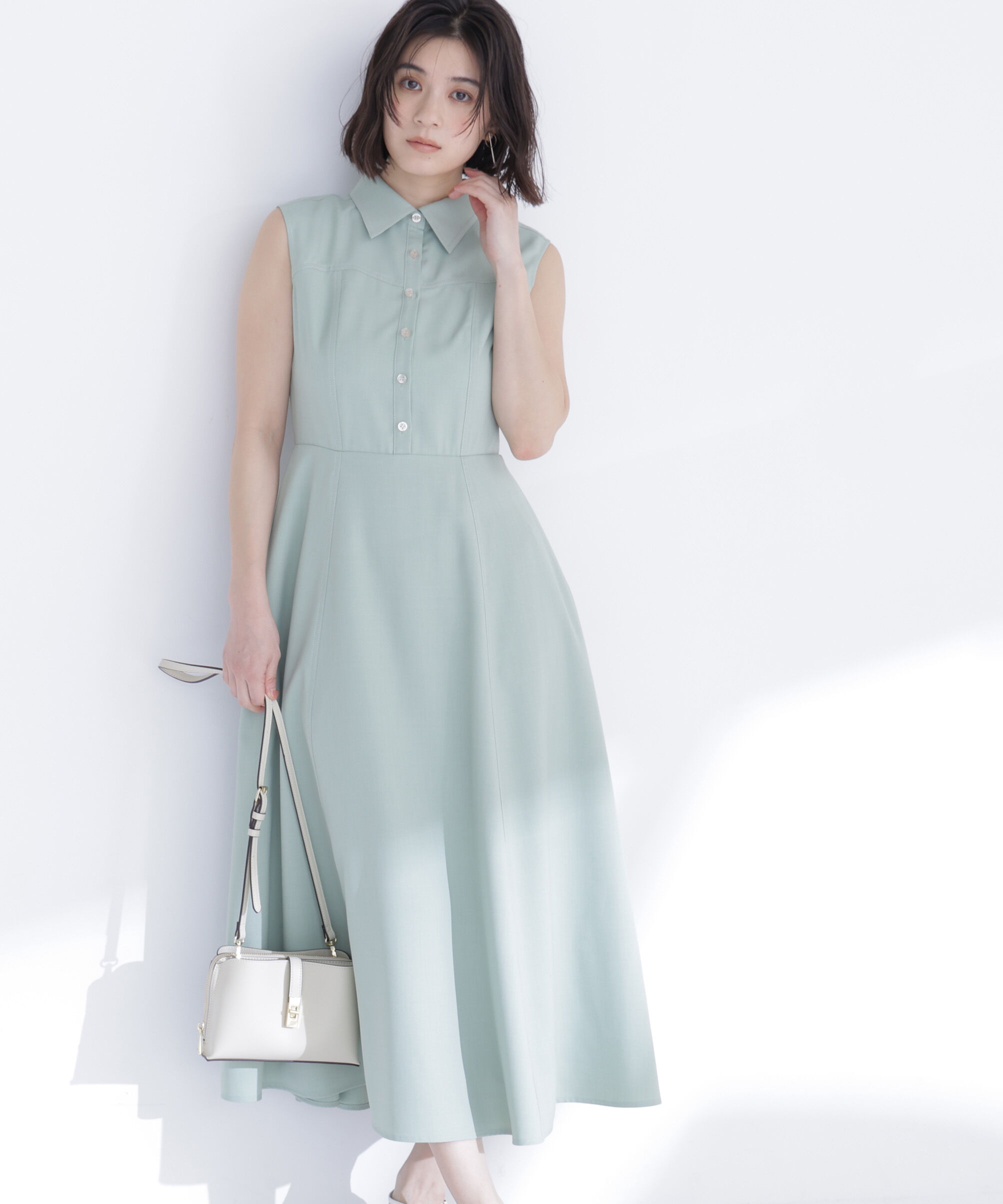  「襟付きバイカラーステッチワンピース」|ワンピース|ライトグリー 2