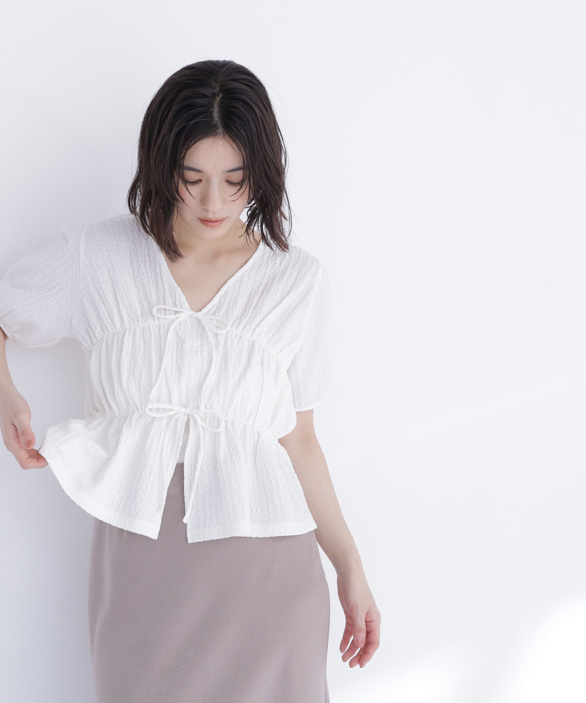  「フロントリボンシュリンクカットソー」|Tシャツ・カットソー|