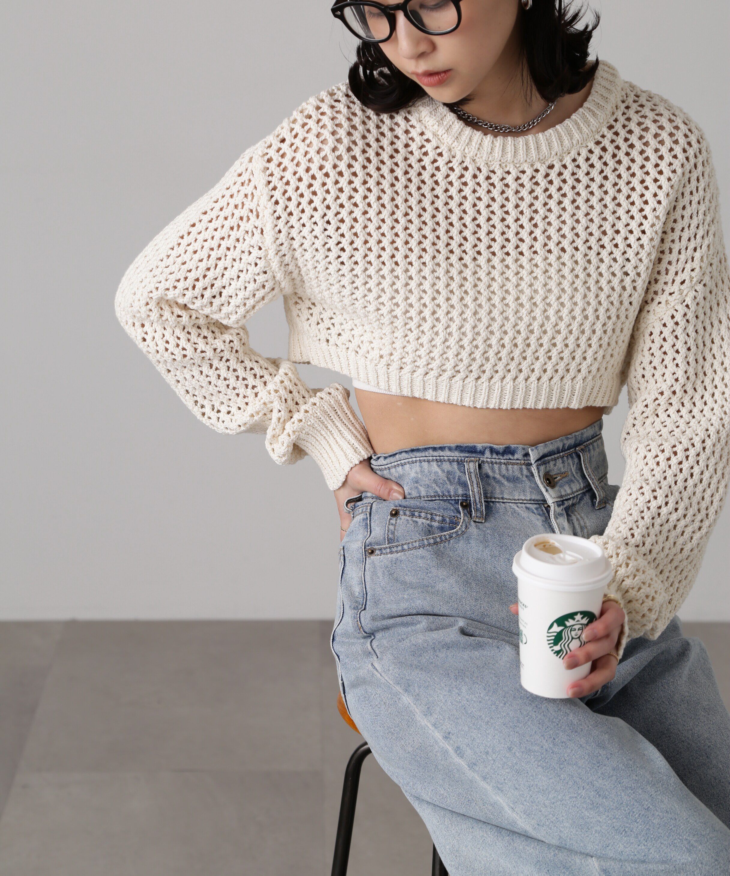  「ショート丈メッシュニットプルオーバー」|ニット・セーター|ベージュ