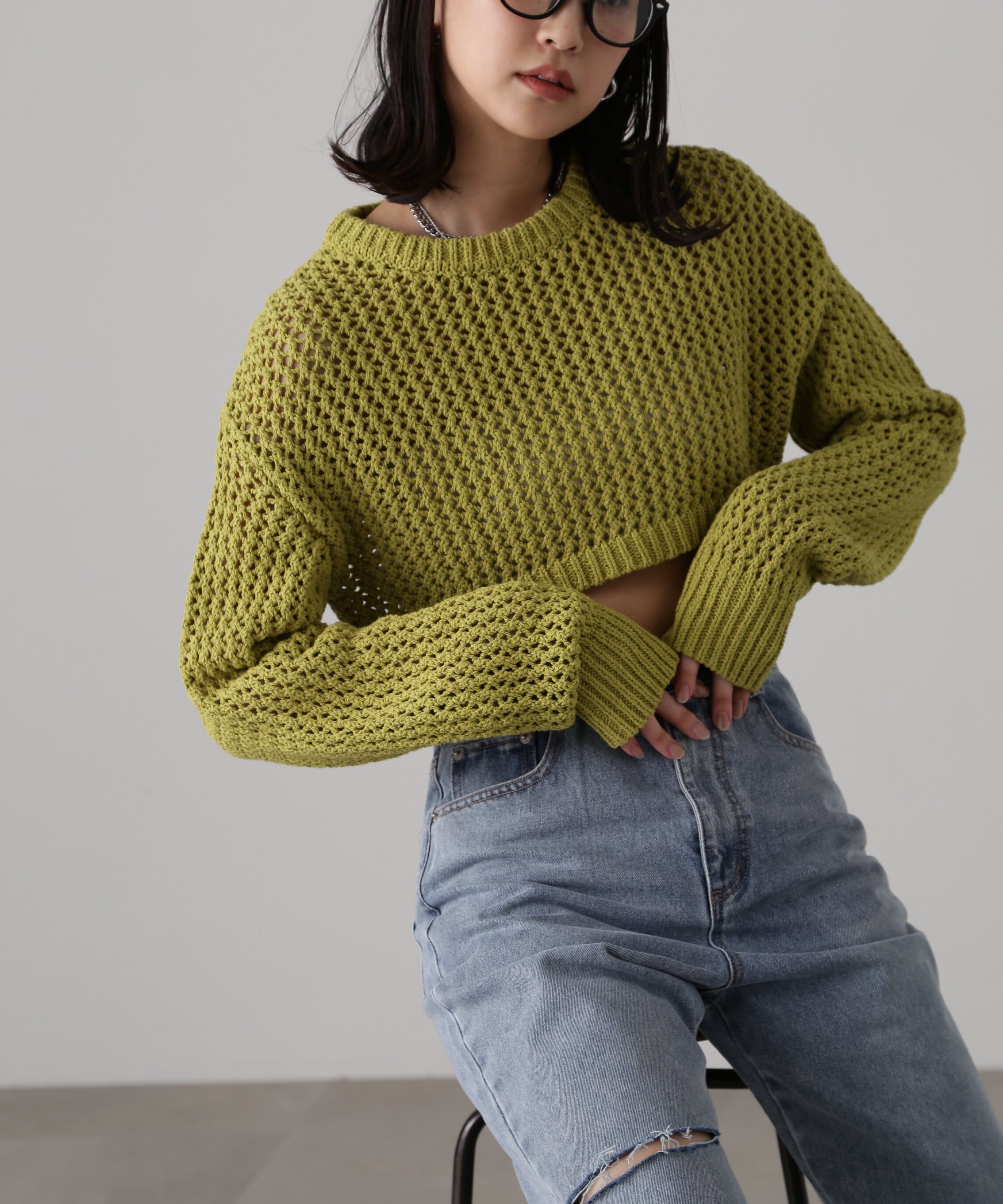  「ショート丈メッシュニットプルオーバー」|ニット・セーター|