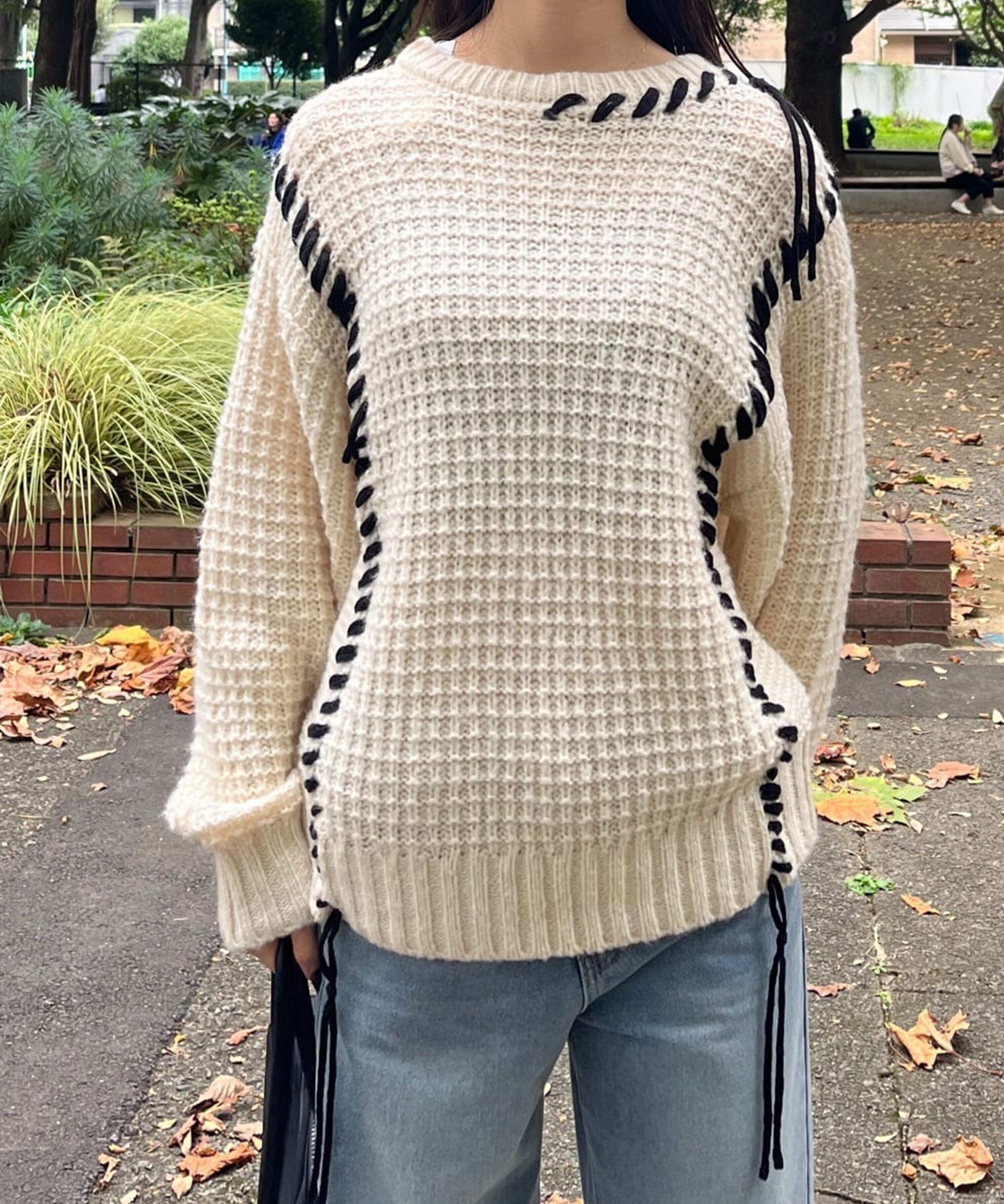  「配色ステッチニットプルオーバー」|ニット・セーター|オフホワイト